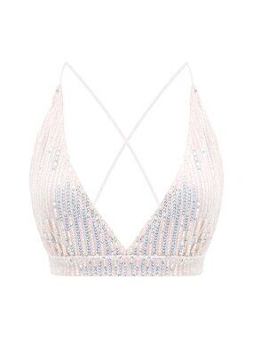 Sequin V Neck Crop Tank Top Adjustable Straps Party Club Dance Top